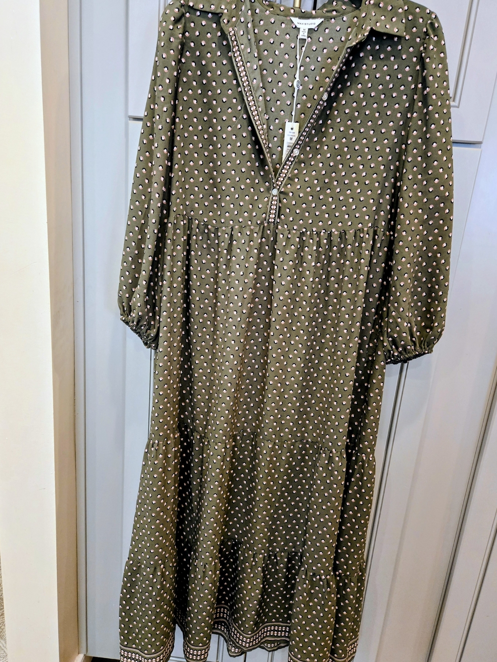 Max Studio Olive Green Polka Dot Long Sleeve Midi Dress